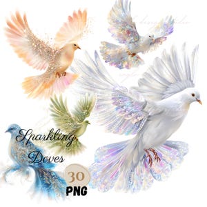 May include: A collection of digitally rendered doves in flight, featuring a variety of colors and textures. The doves are depicted with sparkling details, including gold, pink, blue, and green hues. The text "Sparkling Doves" is included in the image, along with "30 PNG".