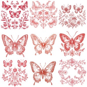 May include: Nine red line drawings of butterflies with floral accents. The butterflies are in various poses and sizes. The floral accents are in a variety of styles, including wreaths, vines, and individual flowers.