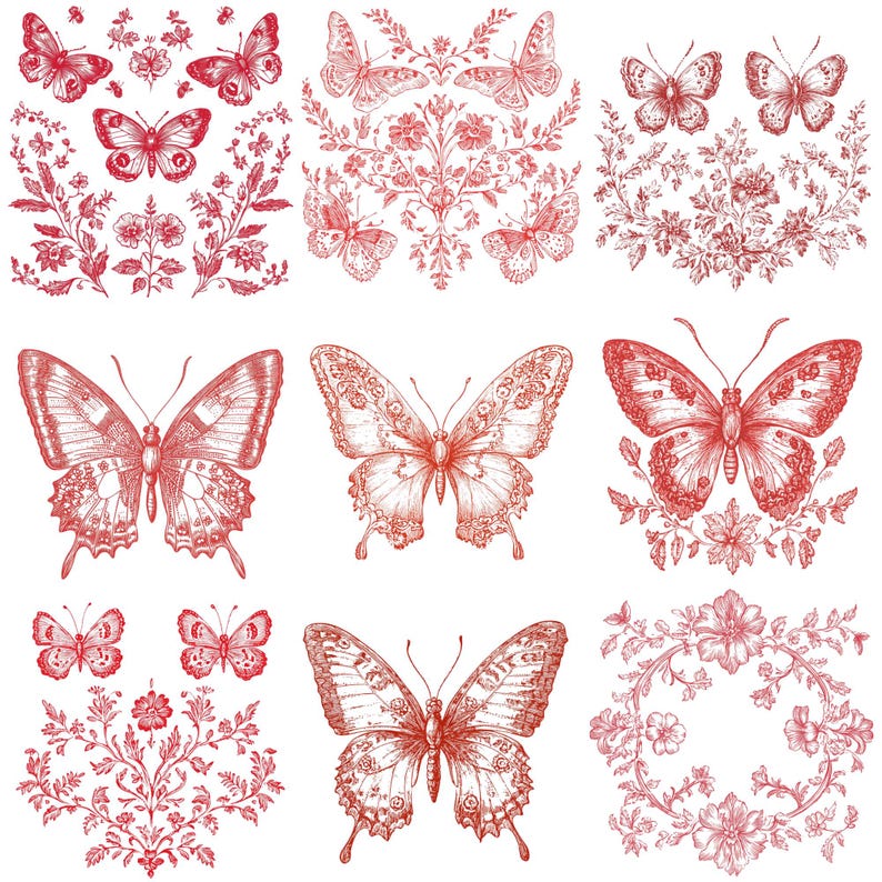 May include: Nine red line drawings of butterflies with floral accents. The butterflies are in various poses and sizes. The floral accents are in a variety of styles, including wreaths, vines, and individual flowers.