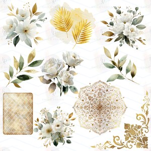 Puede incluir: Elementos florales en acuarela en blanco, dorado y verde. La imagen presenta ramos, hojas, rosas y un mandala decorativo. Estos elementos de dise&ntilde;o son ideales para proyectos de arte digital, invitaciones o &aacute;lbumes de recortes.
