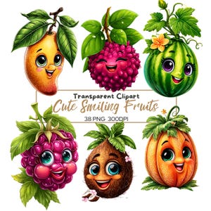 38 PNG FRUTTA Carini frutti sorridenti Clipart / Frutta con illustrazioni di volti, anguria, mela, banana, limone, ananas, arancia, bacche, pera