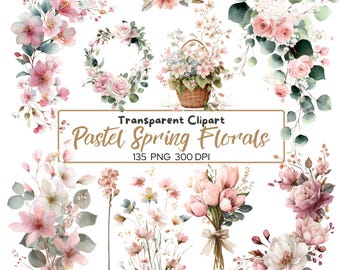 Paquete de imágenes prediseñadas PNG de flores de primavera en tonos pastel, flores de acuarela, elementos florales transparentes, rosas, tulipanes, flores de cerezo, gráficos para bodas