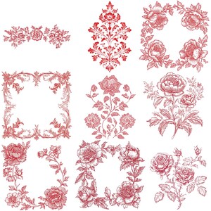 May include: A set of nine red floral designs, including wreaths, borders, and frames. The designs are intricate and detailed, featuring delicate flowers and leaves.
