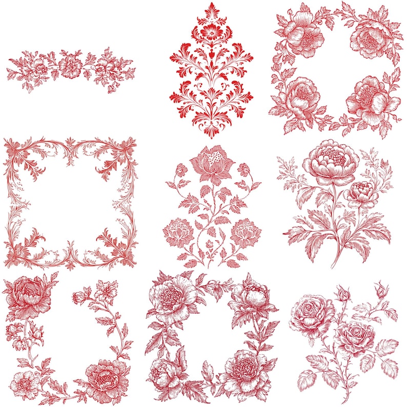 May include: A set of nine red floral designs, including wreaths, borders, and frames. The designs are intricate and detailed, featuring delicate flowers and leaves.
