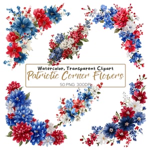 50 cliparts de fleurs de bordure d'angle aquarelle patriotique PNG, fleurs de bordure d'angle bleu blanc rouge, aux couleurs du drapeau américain, 4 juillet png thumbnail