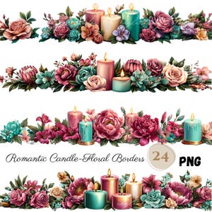 24 Clipart romantique de bordure de bougie florale PNG | Séparateurs de bougies et pivoines pastel | Séparateur design pour album de mariage | Graphiques de sublimation