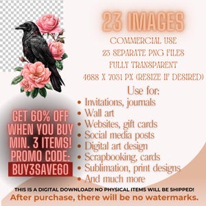 May include: Digital download graphic showing a black raven with pink roses. Text includes "23 Images," "Commercial Use," and details about file format and uses, such as invitations and wall art. A promotional offer is also displayed.