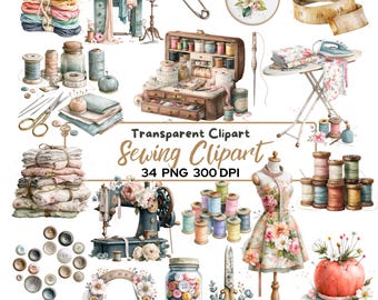 Watercolor Sewing Clipart Bundle, Vintage Sewing PNG, Tailor Clipart, Sewing Machine Clipart, Dress Form, Buttons, Fabric, Commercial Use