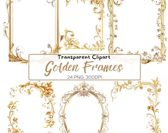 24 PNG GOLDEN Frame Clipart, Transparent clip art, commercial use, bundle, digital transparent, floral, wedding invitation, frames