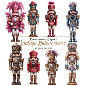 May include: A collection of eight vintage nutcracker figurines in various colors, including red, blue, gold, and pink. Each nutcracker has a unique design, with detailed uniforms and decorative hats. The text "Vintage Nutcrackers" is displayed.