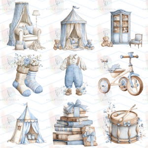 May include: Watercolor illustrations of baby nursery decor in soft blue and beige tones. The image includes a canopy chair, a circus tent, a wardrobe, a baby outfit, a tricycle, a pair of socks, a stack of books, and a drum.