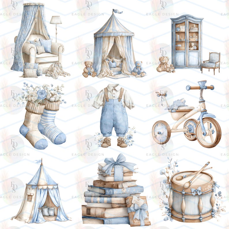 May include: Watercolor illustrations of baby nursery decor in soft blue and beige tones. The image includes a canopy chair, a circus tent, a wardrobe, a baby outfit, a tricycle, a pair of socks, a stack of books, and a drum.