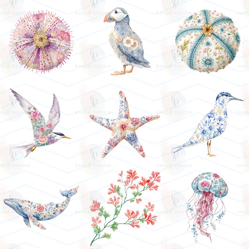 May include: A collection of watercolor illustrations featuring marine life and coastal birds, including a sea urchin, a puffin, a starfish, a whale, a jellyfish, and coral, all decorated with intricate floral patterns in shades of blue, pink, and green.