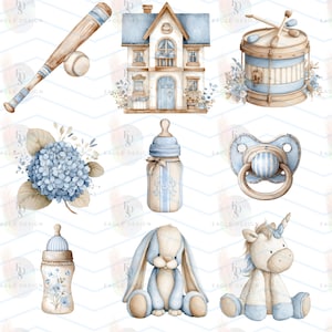 May include: Watercolor illustrations of baby-themed items, including a baseball bat and ball, a house, a drum, a baby bottle, a pacifier, a blue hydrangea, a stuffed bunny, and a unicorn. The color palette is soft blue and beige.