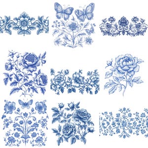 May include: A collection of blue and white floral and butterfly illustrations. The designs include detailed drawings of flowers, butterflies, and decorative borders. The illustrations are in a classic, vintage style, perfect for various craft projects.