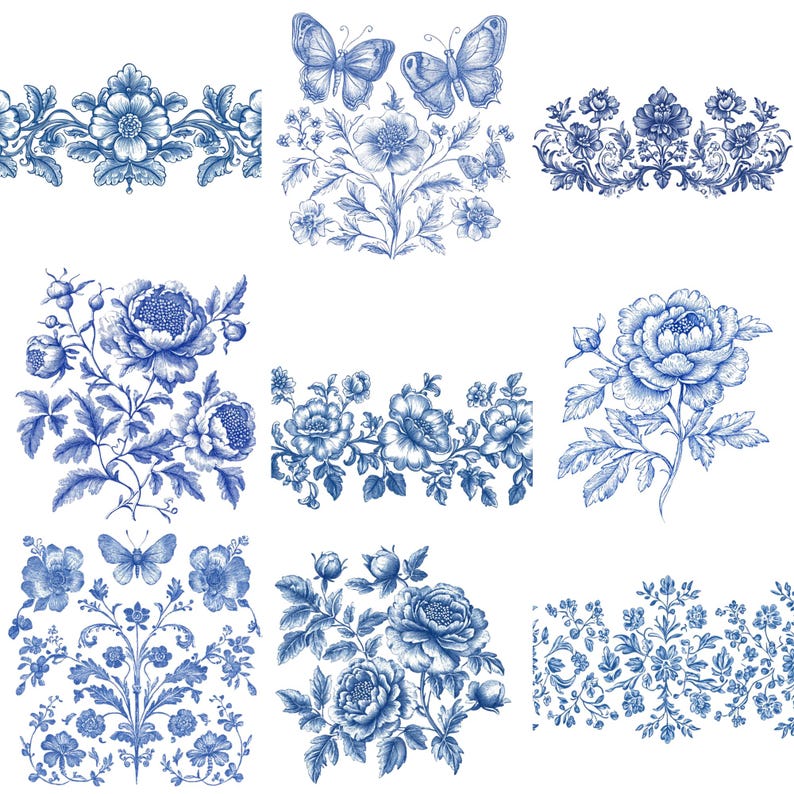 May include: A collection of blue and white floral and butterfly illustrations. The designs include detailed drawings of flowers, butterflies, and decorative borders. The illustrations are in a classic, vintage style, perfect for various craft projects.