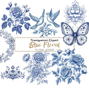 Art floral vintage PNG 70, botanique vintage, dessin au trait fleur, fleurs vintage, écussons, cadres floraux, clipart cadres victoriens, trait bleu