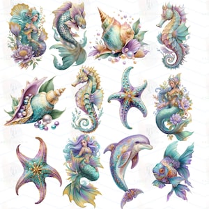 May include: A collection of watercolor illustrations featuring mermaids, seahorses, seashells, starfish, a dolphin, and a fish. The designs use a pastel color palette of blues, purples, and greens with gold accents. The illustrations are detailed and whimsical.