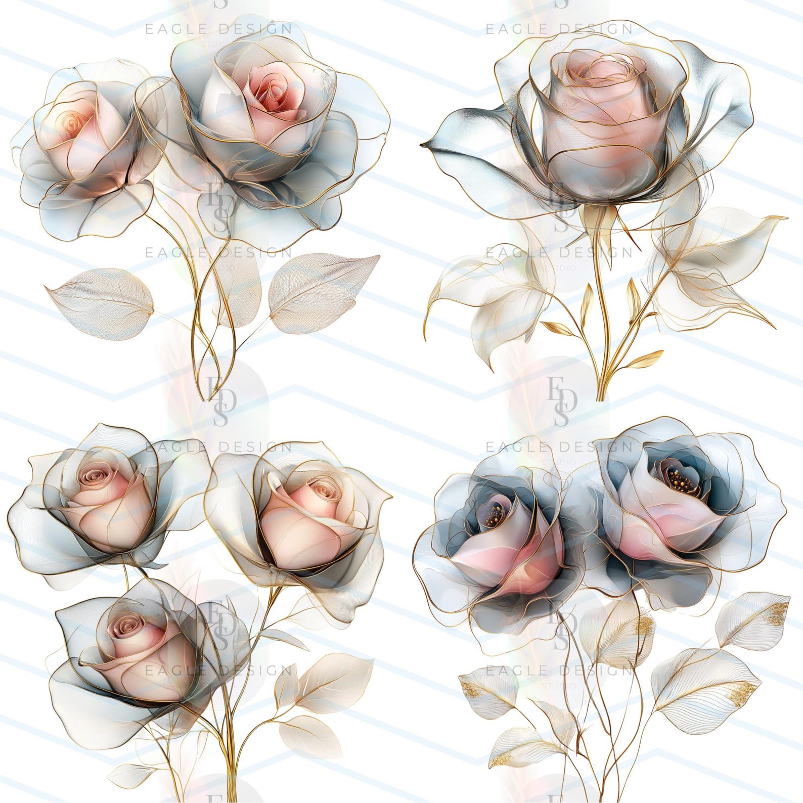Silver And Pink Roses Silver Pink Roses Clipart: Watercolor Floral PNG Bundle (digital ...