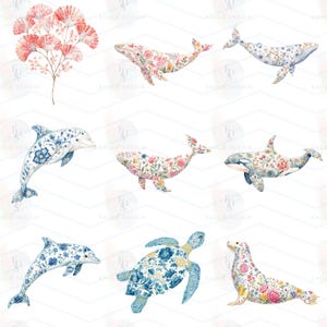 May include: A collection of watercolor illustrations featuring a coral-colored ginkgo-like plant and various marine animals including whales, dolphins, an orca, a sea turtle, and a seal, all decorated with intricate floral and botanical patterns.
