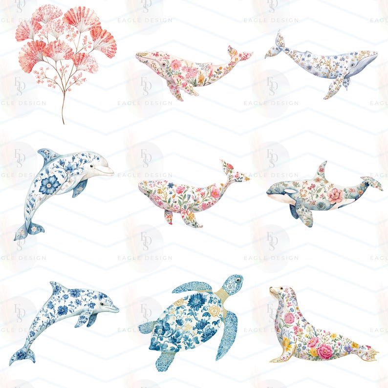 May include: A collection of watercolor illustrations featuring a coral-colored ginkgo-like plant and various marine animals including whales, dolphins, an orca, a sea turtle, and a seal, all decorated with intricate floral and botanical patterns.