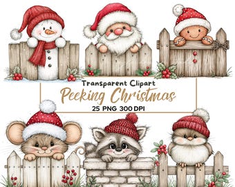 Peeking Christmas Animals Clipart, Cute Santa PNG, Snowman Mouse Raccoon Bird, Christmas Fence Clip Art, Holiday Sublimation PNG, Mouse