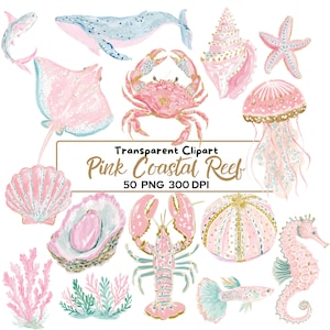 Puede incluir: Ilustraciones en acuarela de vida marina, incluyendo una ballena, un cangrejo, un caballito de mar y una medusa, en tonos rosa, azul y dorado. El texto dice "Pink Coastal Reef" y "50 PNG 300 DPI".