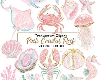 Paquete de 50 imágenes prediseñadas PNG de arrecifes costeros rosas, imágenes prediseñadas de océano en acuarela pastel, imágenes prediseñadas de medusas, imágenes PNG de conchas marinas, imágenes prediseñadas de playa, vida marina.