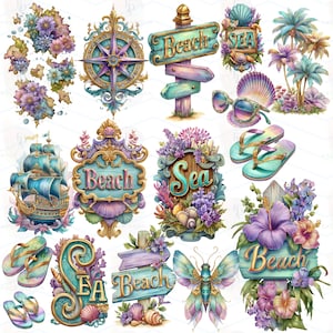 May include: A collection of watercolor illustrations with a beach theme. Includes a compass, signs that say "Beach" and "Sea", a sailboat, sunglasses, flip-flops, seashells, flowers, and a butterfly. The color palette features teal, purple, and gold.