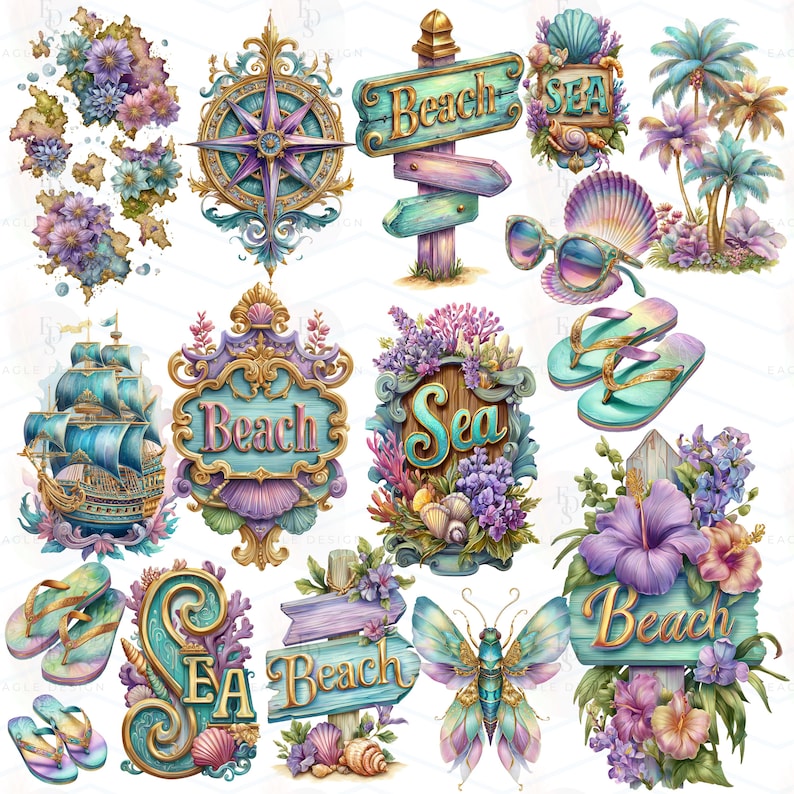 May include: A collection of watercolor illustrations with a beach theme. Includes a compass, signs that say "Beach" and "Sea", a sailboat, sunglasses, flip-flops, seashells, flowers, and a butterfly. The color palette features teal, purple, and gold.