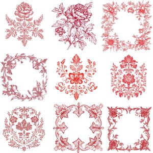May include: Nine red floral designs, including wreaths, borders, and single flower arrangements. These designs are perfect for adding a touch of vintage elegance to your projects.