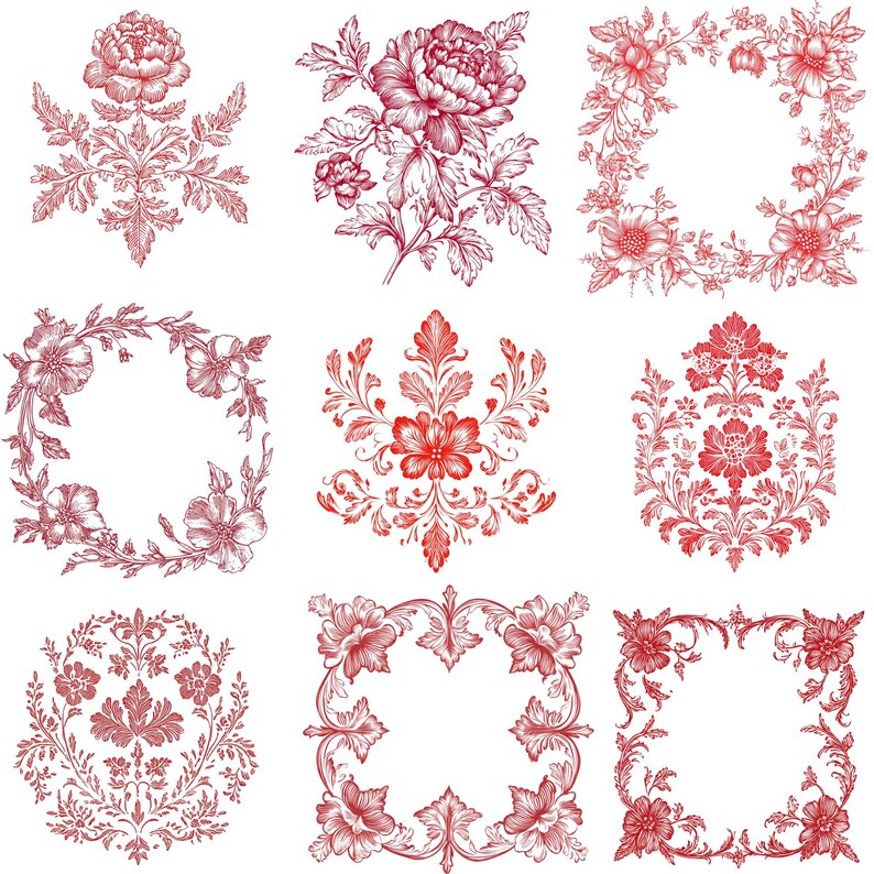 May include: Nine red floral designs, including wreaths, borders, and single flower arrangements. These designs are perfect for adding a touch of vintage elegance to your projects.