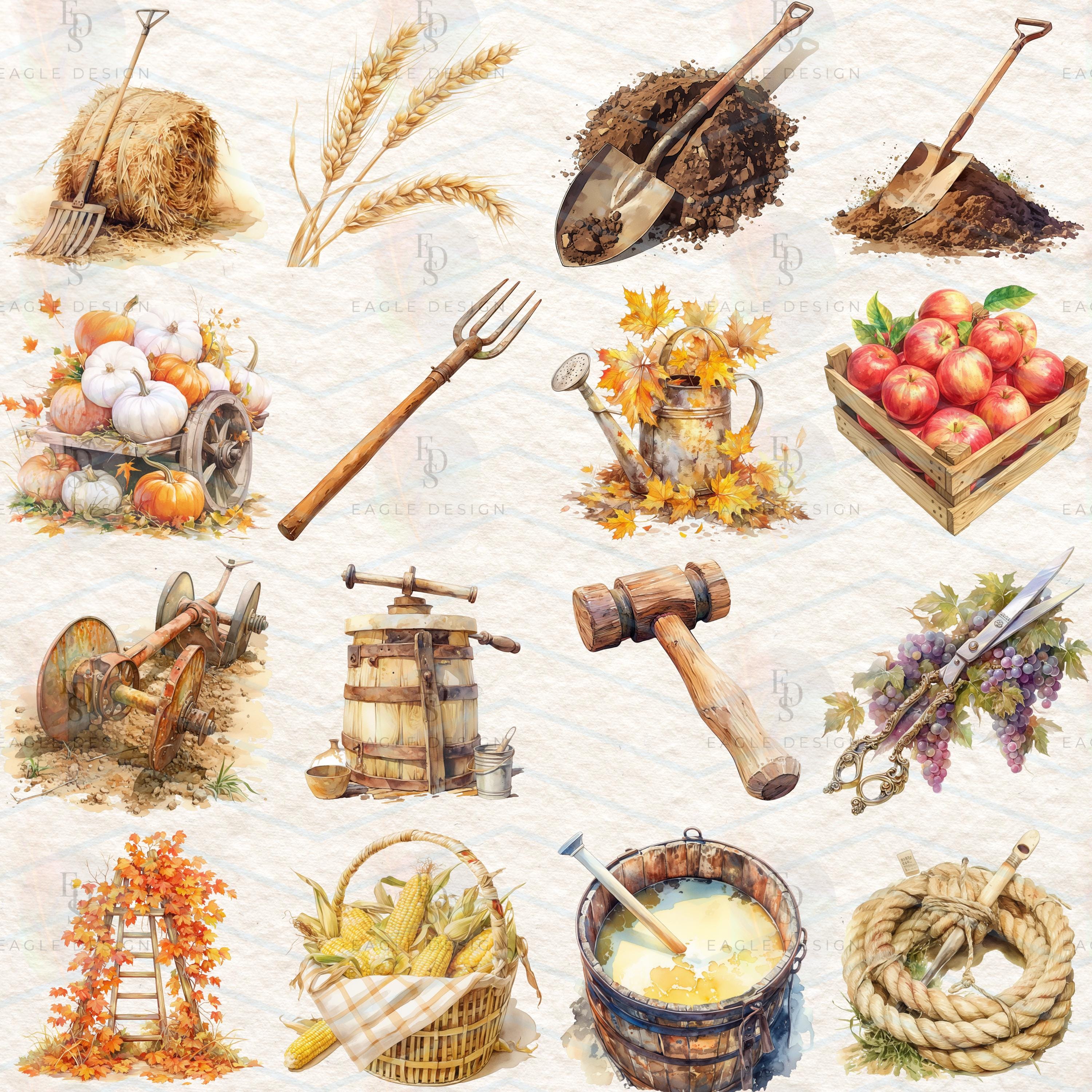 120 PNG Autumn Harvest Clipart Bundle, Watercolor Fall Farm PNG ...