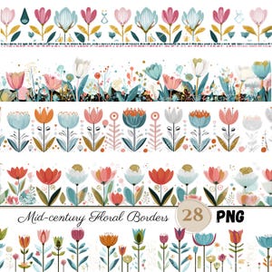 Mid-Century Floral Border Clipart: Retro Flower PNG Dividers (Digital Download