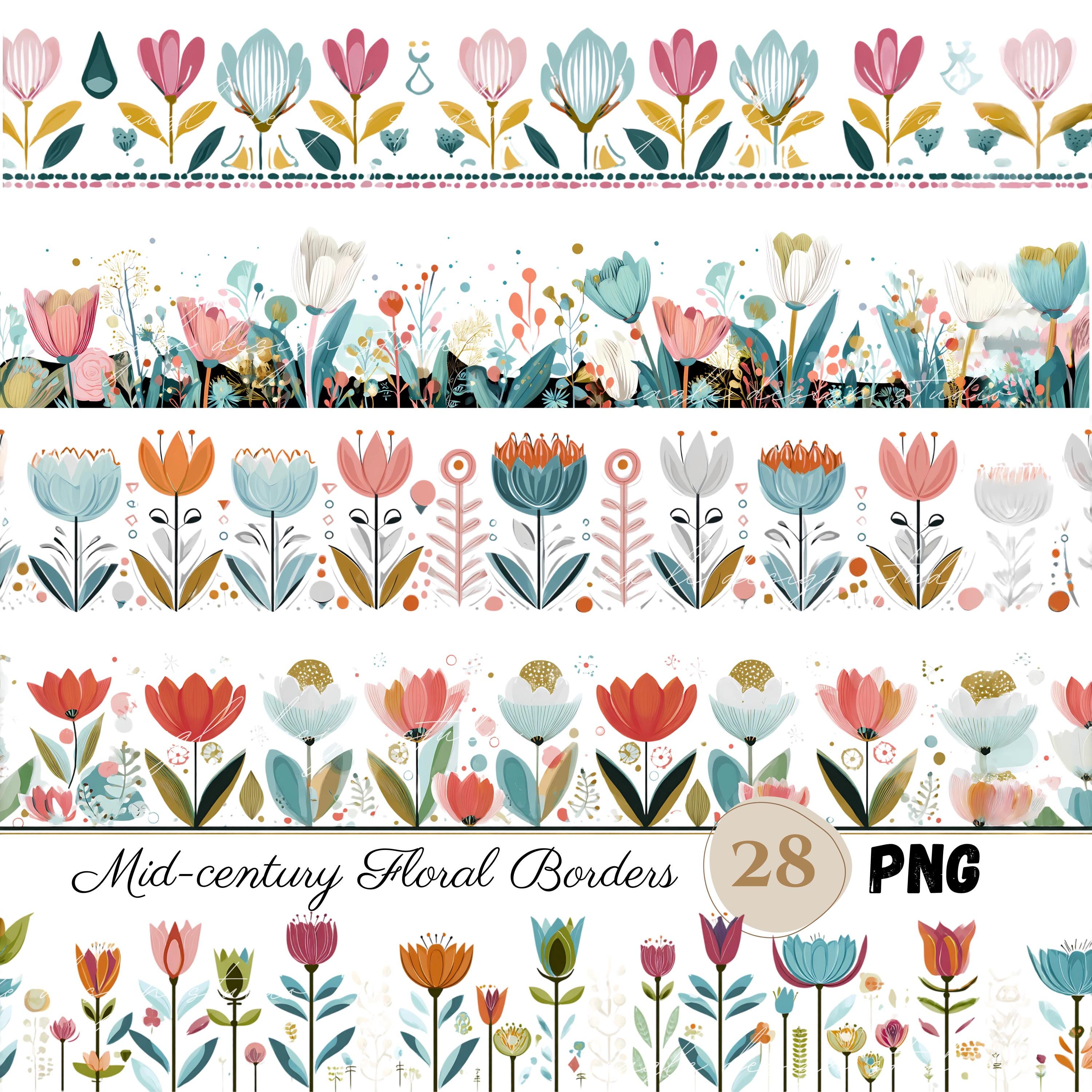 「PAPER IN DESIGN」 Mid-century Floral Border Clipart: Retro Flower PNG Dividers
