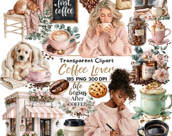 185 PNG Coffee Lover Clipart Bundle PNG, Cozy Cafe Watercolor, Coffee Shop Graphics, Pink Neutral Coffee Planner Clipart, Warm Drinks Latte