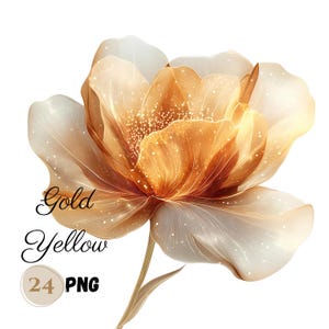 24 PNG ŻÓŁTE ZŁOTE Abstrakcyjne KWIATY clipart, Żółty kwiat ze złotym blaskiem, Złote kwiaty PNG, Świecące kwiaty, Pojedynczy złoty kwiat clipart