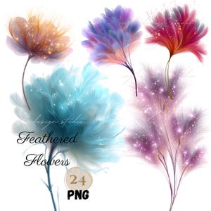 24 cliparts floraux FÉE PNG | Fleur lumineuse scintillante PNG, arrière-plan transparent, fleurs à plumes pour travaux manuels et décoration, fleurs de rêve