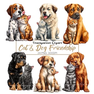 Cat and Dog Friendship Clipart – Cute Pet Companions PNG Bundle, Transparent Animal Illustrations, 24 PNG, High Resolution Cat Dog Love png