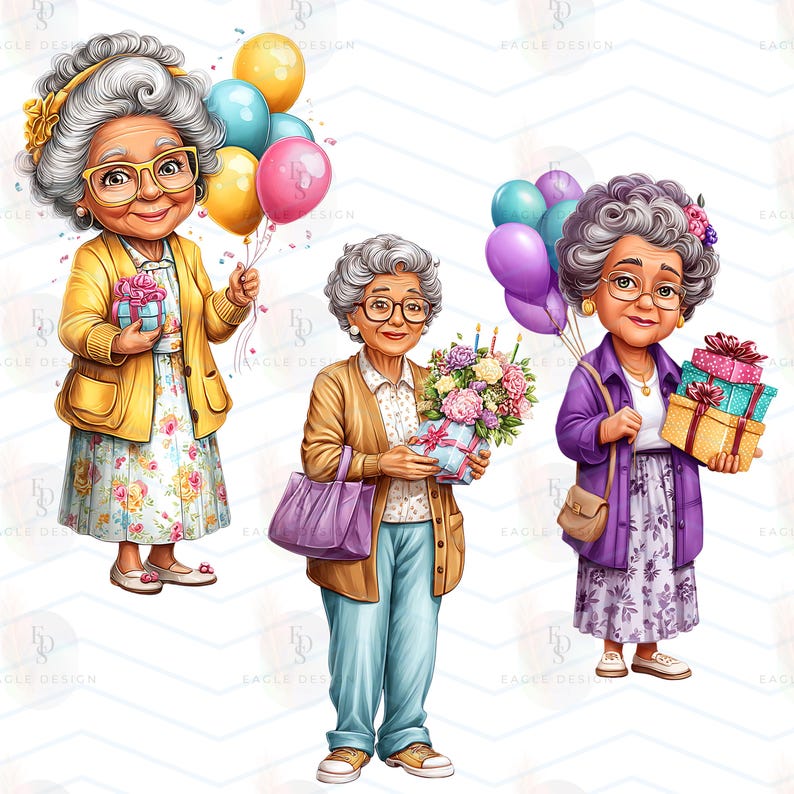 36 PNG Birthday Grandma Clipart Bundle, Old Lady With Cake Balloons ...