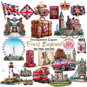 190 PNG England reseklippspaket, Londons landmärken, brittiska reseikoner, brittiska vintageelement, Big Ben busspassillustrationsset