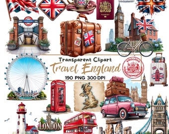 Paquete de 190 imágenes PNG de clipart de viajes a Inglaterra, monumentos de Londres, iconos de viajes del Reino Unido, elementos vintage británicos, conjunto de ilustraciones de pasaportes con autobús del Big Ben.