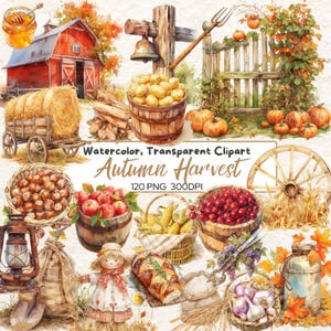 Könnte beinhalten: Aquarell-Clipart-Bild mit Herbsternte-Thema. Enthält eine rote Scheune, Heuballen, Kürbisse und verschiedene Körbe mit Produkten. Der Text lautet "Autumn Harvest" und "120 PNG 300DPI".