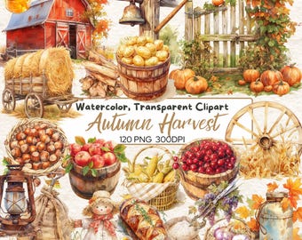 May include: Watercolor clipart image with an autumn harvest theme. Features a red barn, hay bales, pumpkins, and various baskets filled with produce. Text reads "Autumn Harvest" and "120 PNG 300DPI".