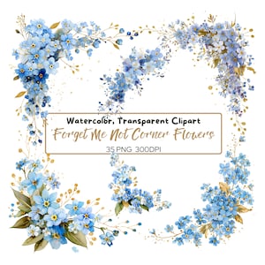 Könnte beinhalten: Aquarell-Clipart mit Eckarrangements aus blauen Vergissmeinnicht-Blumen mit goldenen Akzenten. Der Text lautet "Watercolor, Transparent Clipart Forget Me Not Corner Flowers 35 PNG 300DPI".