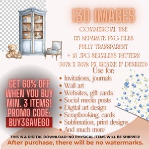 May include: Digital download graphic set with 130 images for commercial use. Includes 115 PNG files and 15 JPG seamless patterns. Features a watercolor illustration of a blue cabinet, teddy bear, and chair. Text includes "Get 60% off when you buy min. 3 items!" and "BUY3SAVE60".