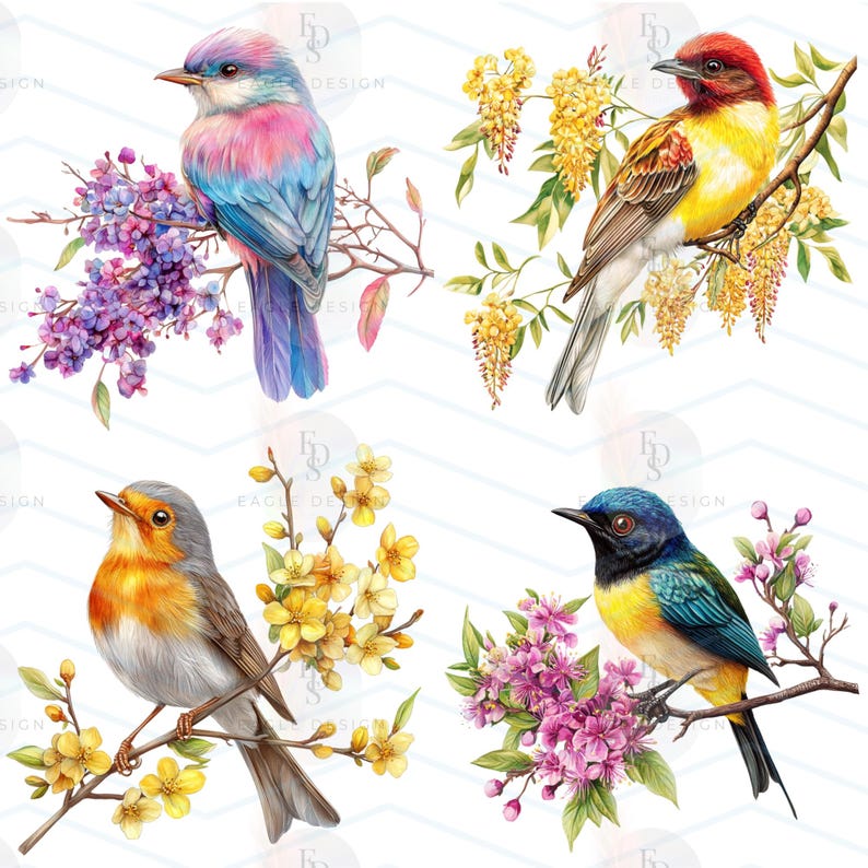May include: Watercolor illustrations of four colorful birds perched on flowering branches. The birds feature a variety of vibrant colors, including blue, pink, yellow, and orange. The flowers include purple, yellow, and pink blossoms, creating a lively and artistic composition.