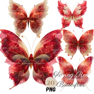 Lot de 20 cliparts papillons éthérés PNG, conception d'illustration mignonne de papillon rouge fantaisiste, fées papillons, papillon mousseux de dentelle