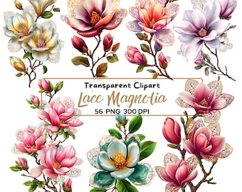 Paquete de 56 imágenes prediseñadas PNG de magnolias con encaje, imágenes prediseñadas florales de encaje, elegantes flores de magnolia, imágenes PNG botánicas vintage, elementos florales para bodas.