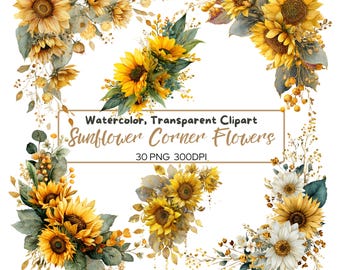 Clipart de borde de esquina de girasol en acuarela: Diseño floral amarillo (descarga digital, 30 archivos PNG)